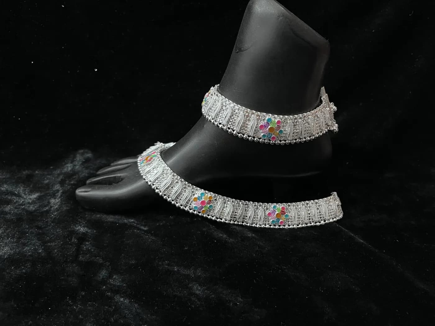 Meena Payal RC-115 — silver meena & stone payal